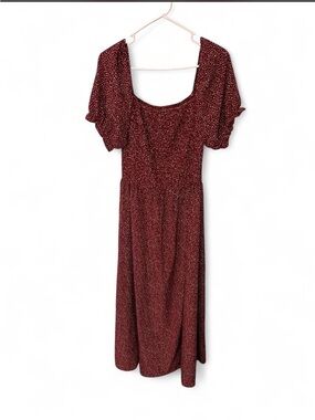 SHEIN Burgundy Puff-Sleeve Square-Neck Midi Dress